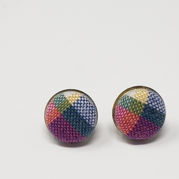 New Handmade | Upcycled Colorful Plaid Button Stud Earrings - Picture 1 of 4